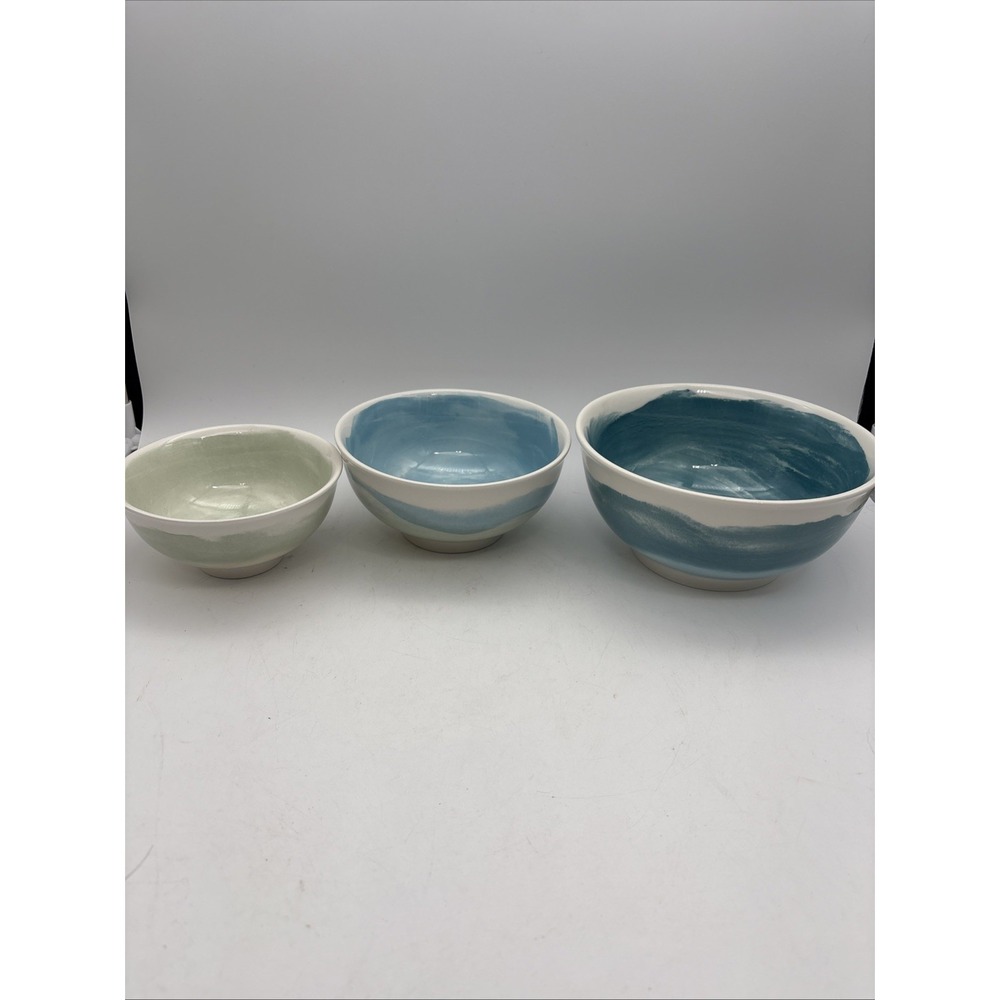 Set Of 3 Anthropologie Pepper & Vetiver Oceana Ceramic Bowls Blue White Aqua